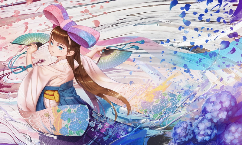 ribbons, flowers, tagme, wixoss, (artist), long, com, japanese, 251960, fan, bow, 720P, blossoms, cherry, eyes, clothes, aqua, blush, hair, kimono, konachan