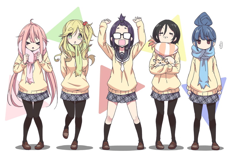 anime, Aoi Inuyama, Yuru Camp, 4K, Saitou Ena, white background, Nadeshiko Kagamihara, scarf, Rin Shima, Chiaki Oogaki, anime girls