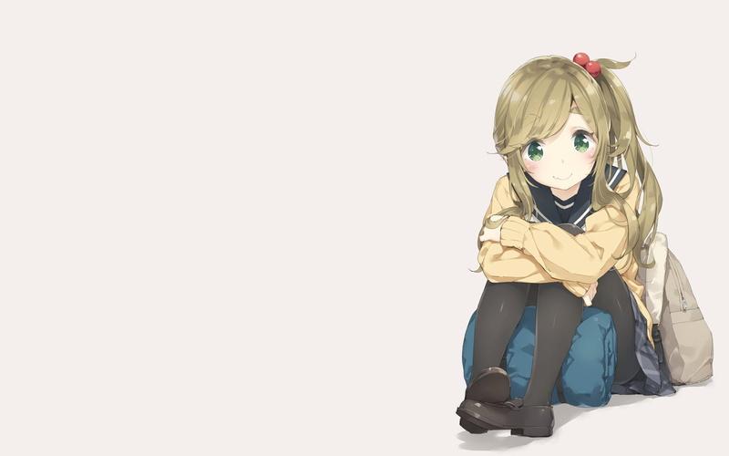 Sweater, Anime, Green Eyes, Blonde, Girl, 1080P, Aoi Inuyama, Smile, Pantyhose, Sitting, Skirt, Blush, Bag, Long Hair, Laid-Back Camp