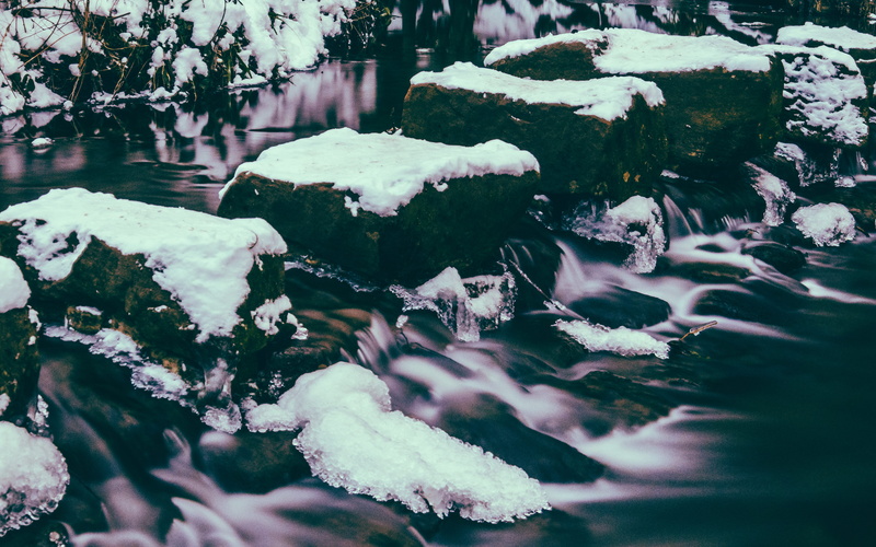 rocksnature, frozen, winter, surface level, snow, cold, path, endcliffe park, no people, plant, close-up, united kingdom, steppings stones, waterfall, growth