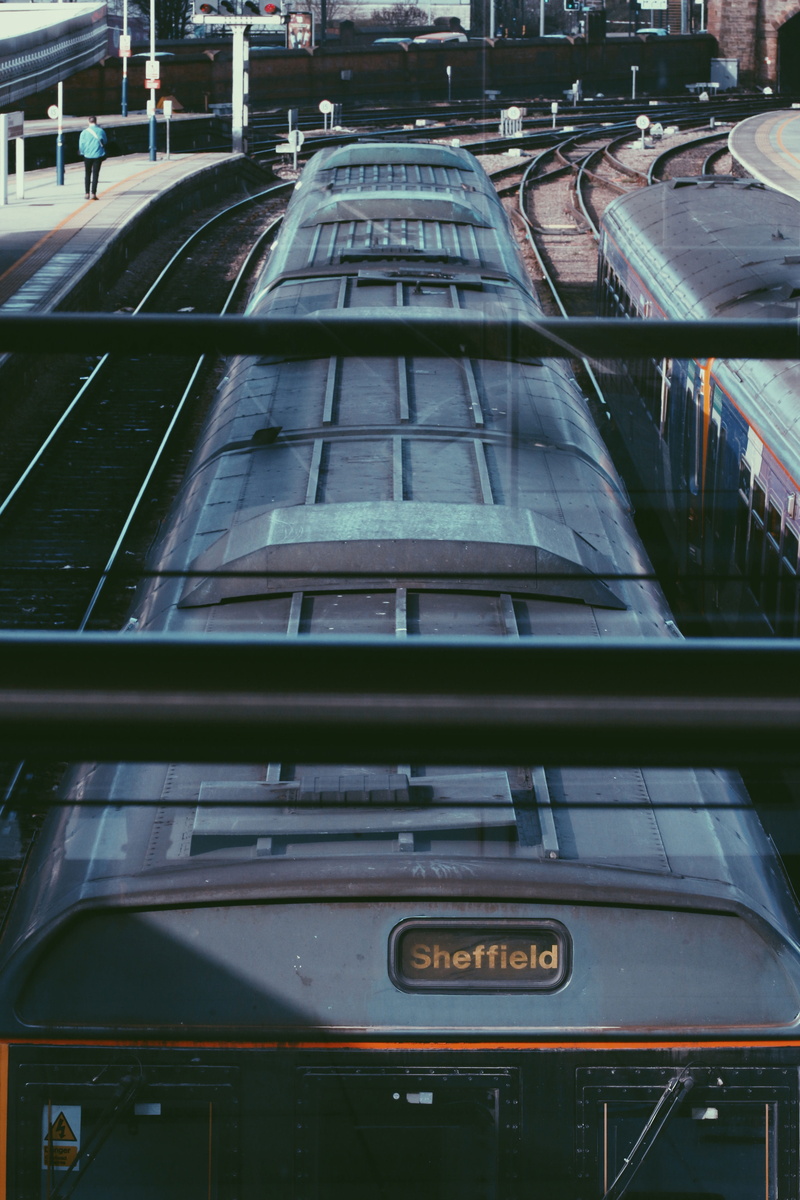 architecture, high angle view, black, sign, railroad car, 5K, station, travel, building exterior, track, city, shunting yard, railroad track, train, sheffield