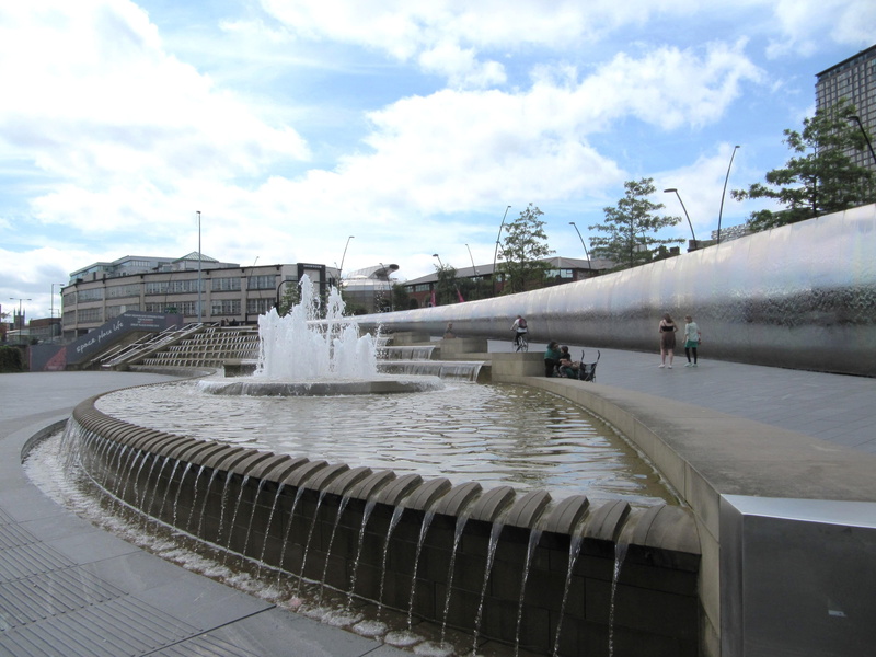 nature, water, cloud - sky, railway, cold temperature, built structure, outdoors, city, footpath, blue, incidental people, fountain, 4K, spout, architecture