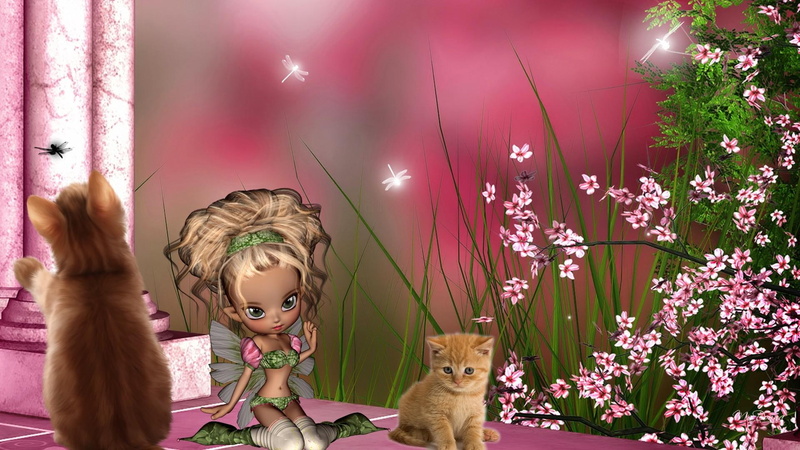 magical, cherry blossoms, cats, column, kitty, dragonflies, kittens, 1080P, spring, fairy, apple blossoms