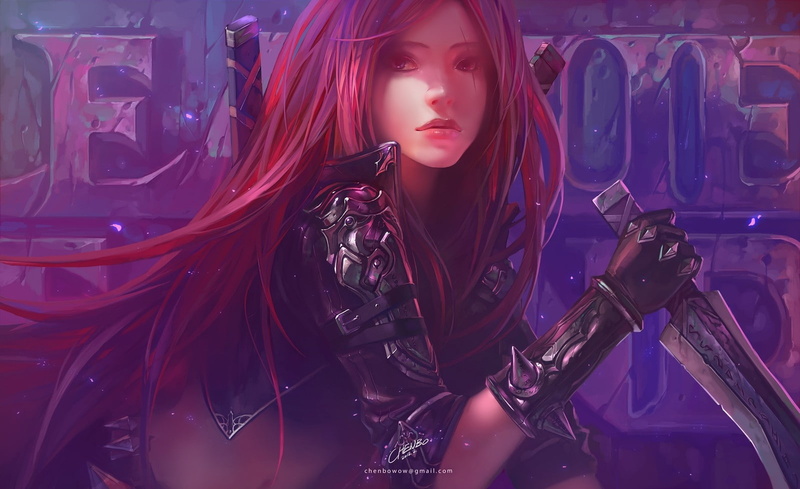 hd, artwork, weapons, katarina, dagge, league, legends, blade, armor, redheads, sinister, art, fantasy, women, 720P