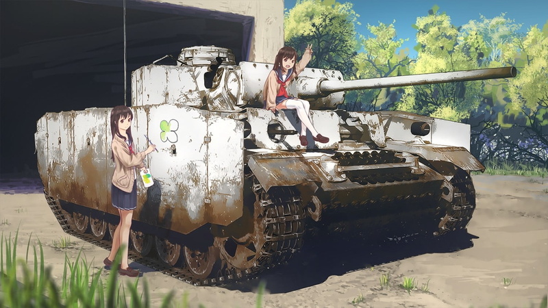 nature, school uniform, conflict, 720P, sunlight, military, weapon, army, anime girls, original characters, day, armored tank, vehicle, outdoors, war