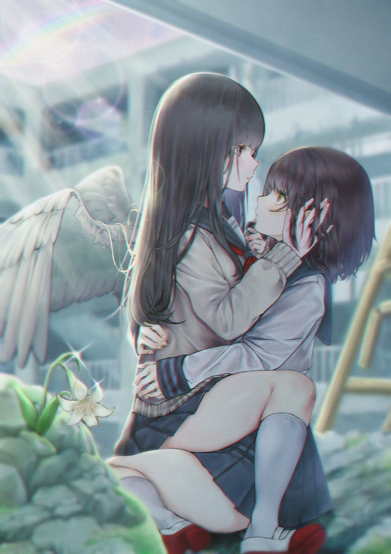 anime girls, school uniform, 4K, yuri, nature, wings, anime