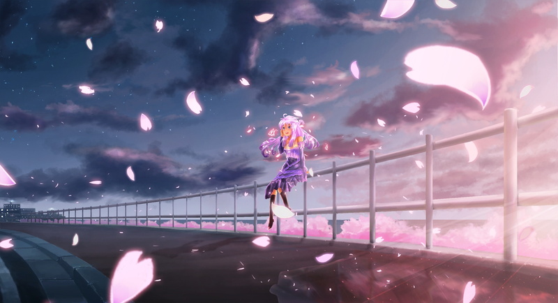 one person, leisure activity, transportation, purple, real people, clouds, night, anime girl, Anime, lifestyles, motion, 2K, bridge, landscape, human arm