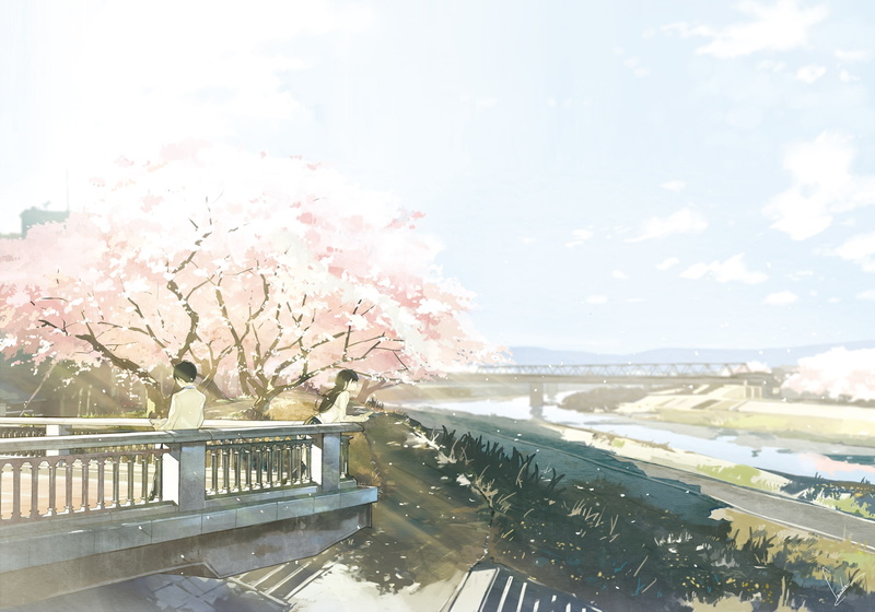 cloud - sky, flowering plant, cherry blossom, sakura blossom, water, blossom, sky, Anime, winter, railing, no people, river, tree, day, outdoors, anime landscape