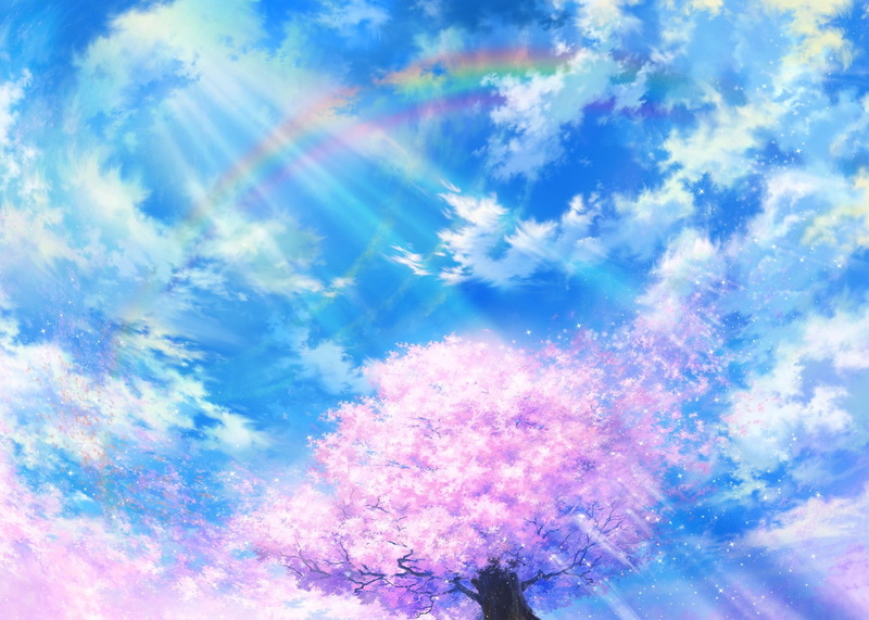 sun rays, 720P, sky, clouds, cherry blossom, rainbows