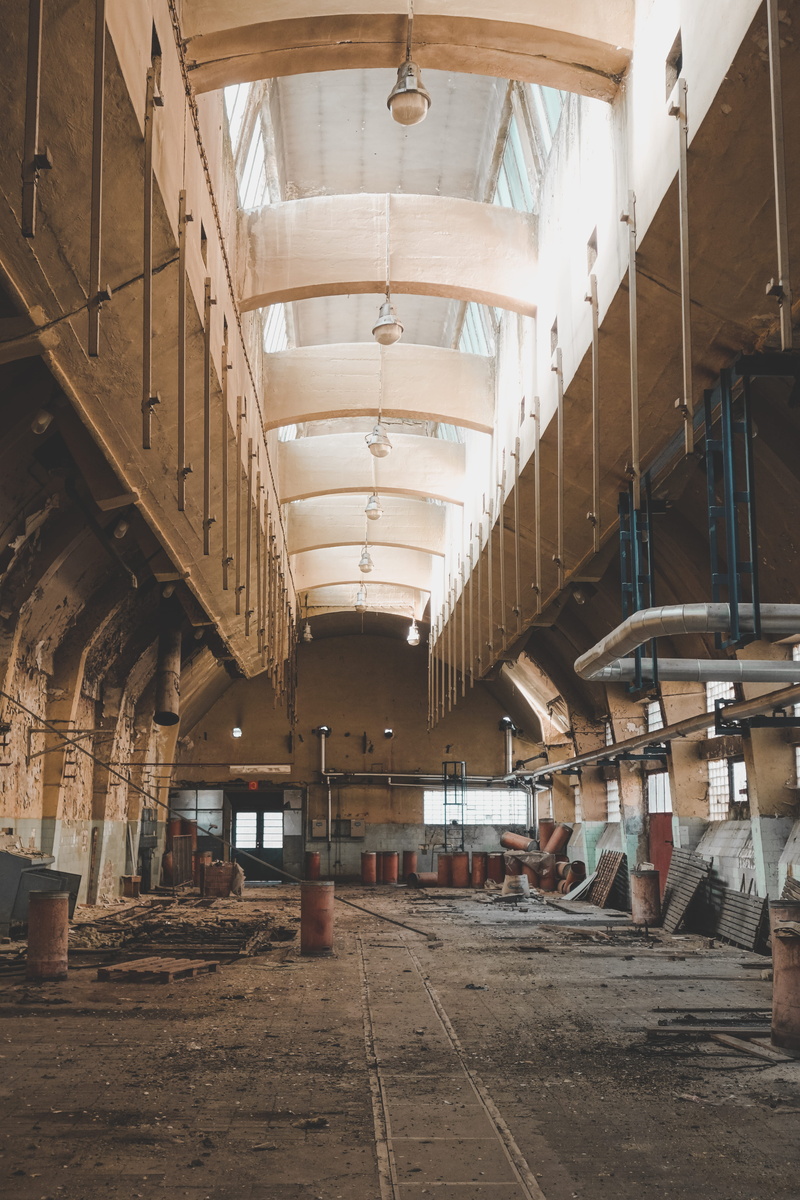 window, metal, wood, wheel, old, machine, diminishing perspective, indoors, vault ceiling, manufacturing, abandoned, deterioration, ceiling, building, lighting equipment
