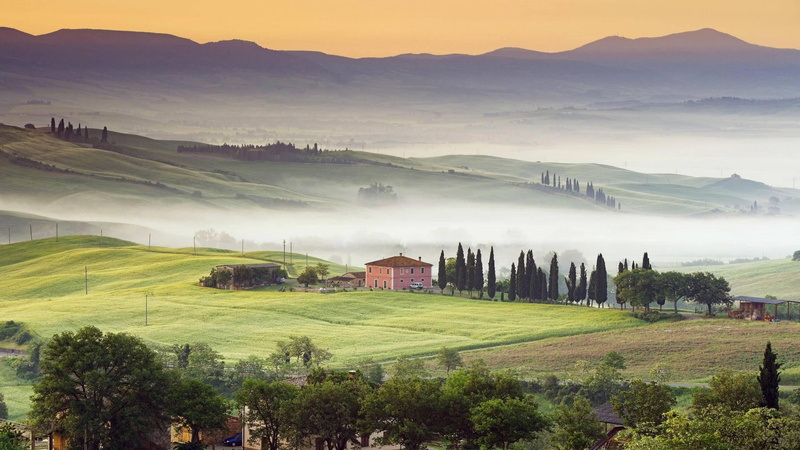 1080P, villas, dorcia, nature and landscapes, mist, fields, valley, country, tuscany, villa, val, mountains