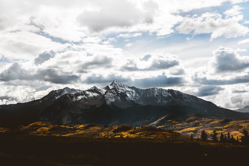 mountains, landscape, nature, 5K, Trees, USA, Snowy Peak, Telluride, clouds, field