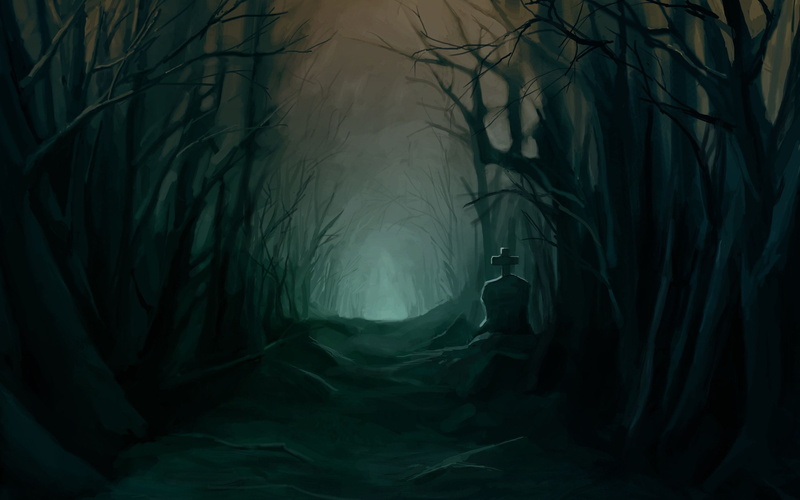 scary, path, dark forest, Fantasy, trees, creepy, grave, 2K