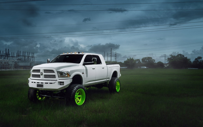 land vehicle, SUV, pickup, white, green color, motor vehicle, landscape, land, grass, mode of transportation, no people, dodge, 2500, plant, dodge ram