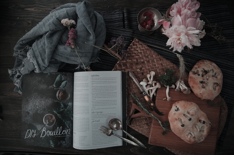representation, directly above, no people, magazine, flower arrangement, knife and fork, flower head, 5K, indoors, plant, mushroom, flower, woven bag