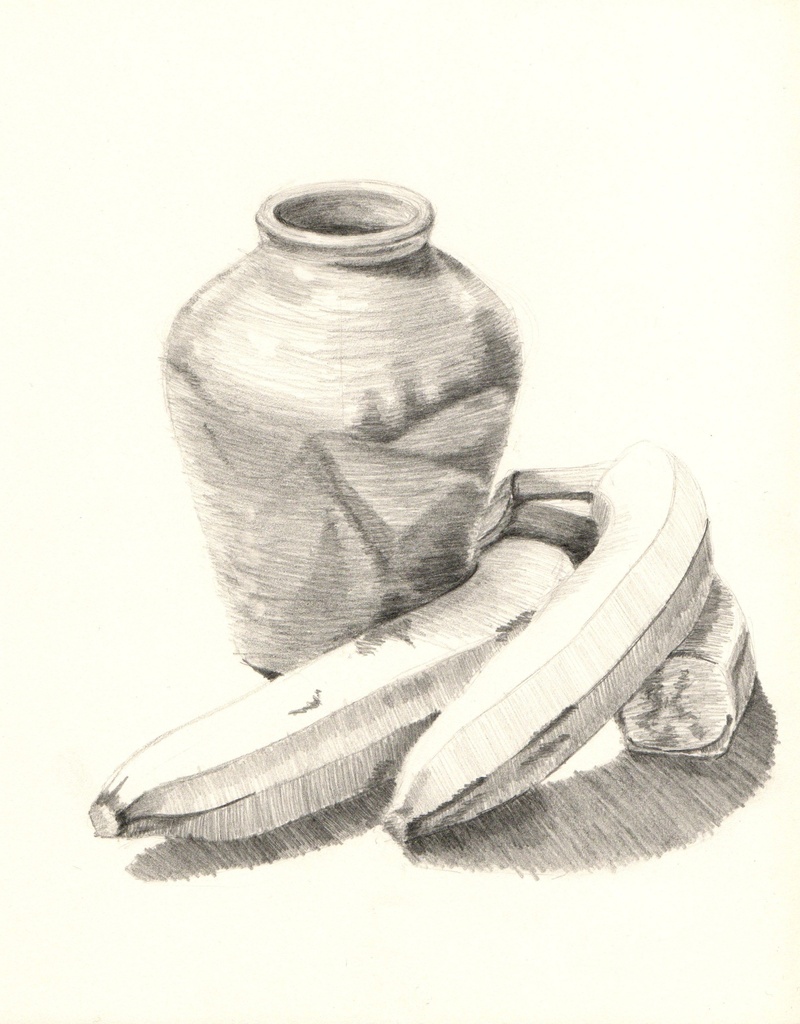 table, two objects, container, studio shot, high angle view, copy space, cut out, indoors, 2K, still life, vase, antique, drawing, white background, glove