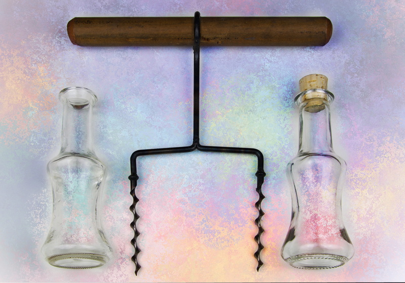 still life, artwork, metal, wall - building feature, bottle, no people, handle, 5K, variation, corkscrew, indoors, glass - material, transparent, close-up