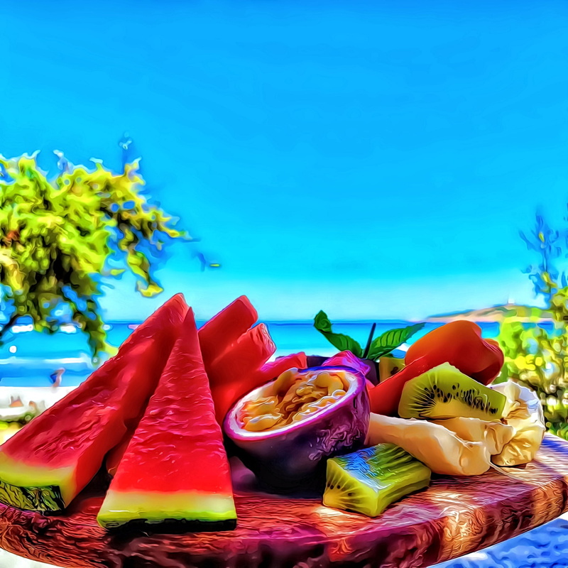 clear sky, nature, trees, fruit bowl, cooking, eating, ArtStation, beach, environment, summer, 1080P, clouds, vertical, sky, food, DeviantArt, kiwi (fruit)