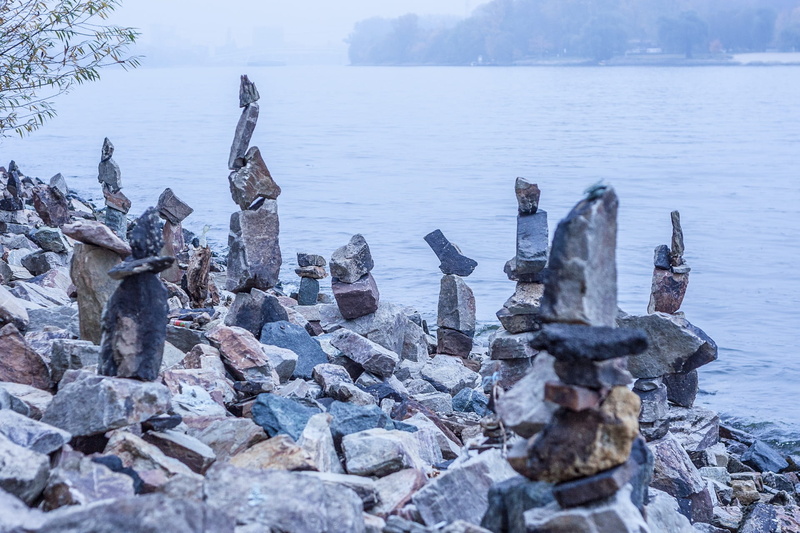 Stone Tower, coast, landscape, river, water, solid, cold temperature, nature, wooden post, Pile, winter, fog, art, Cairn, tranquility, beauty in nature