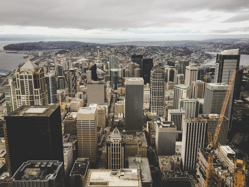 clouds, nature, city, built structure, sky, urban, office building exterior, financial district, aerial, office building, 4K, metropolis, united states