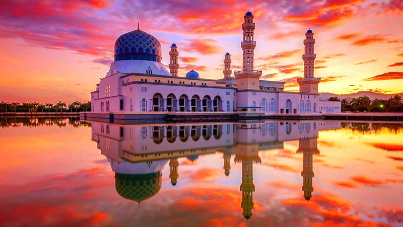 built structure, city, sunset, 1080P, reflected, red sky, outdoors, kota kinabalu, sky, mirroring, skyscraper, place of worship, nature, mosque, reflection