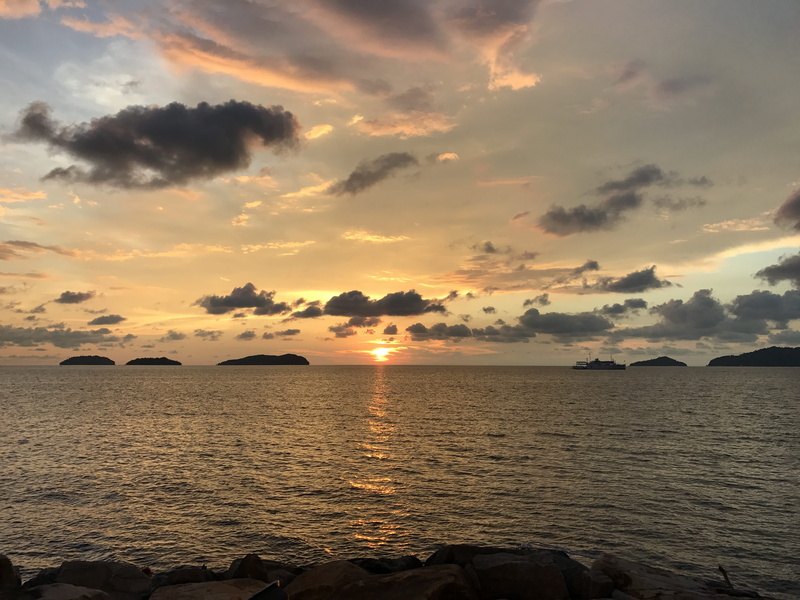 sun, beauty in nature, cloud - sky, scenics - nature, sunlight, sea, no people, orange color, view, kota kinabalu, sunset, outdoors, idyllic, at, waterfront