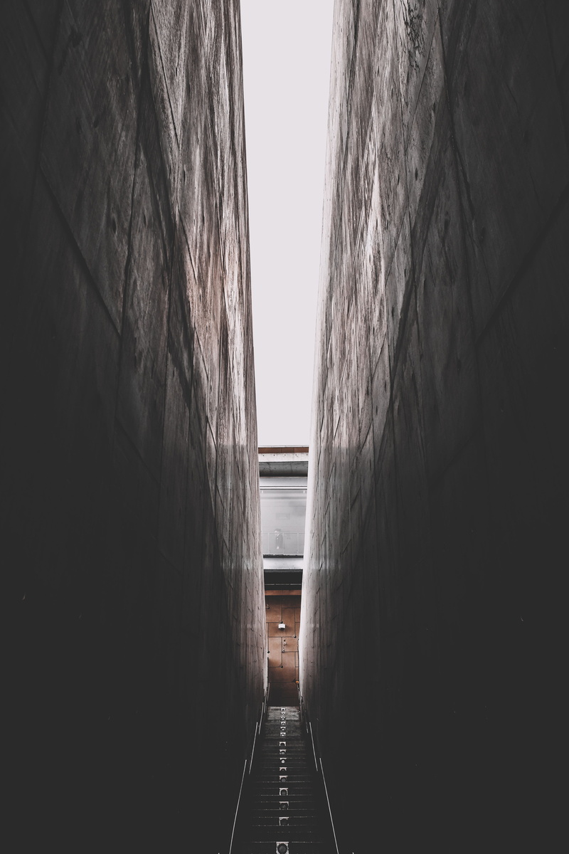 path, stairs, architecture, construction, building, long, empty, indoors, directly below, walls, clear sky, wall, wall - building feature, day, built structure