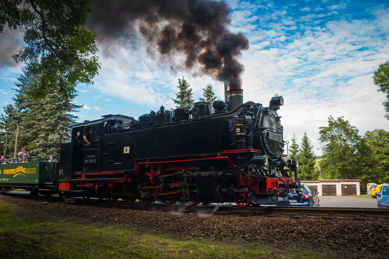 railroad tracks, summer, no people, germany, fichtelbergbahn, railway, pollution, day, tree, transportation, smoke, nature, plant, machine, sky, motion