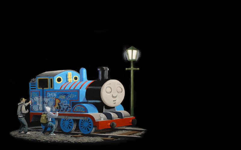 Graffiti, dark, technology, 720P, number, Thomas The Tank Engine, indoors, multi colored, black background, minimalism, Train, representation, lighting equipment