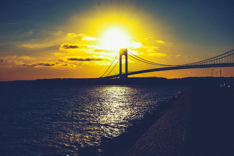 united states, sunset, cloud - sky, verrazano-narrows bridge, water, outdoors, transportation, 4K, nature, bright, sunlight, scenics - nature, suspension bridge