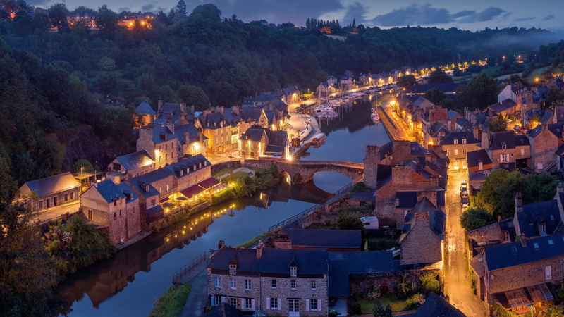 town, bridge, City, building, illuminated, building exterior, night, lights, dinan, river, france, tree, plant, house, 2K, mountain, high angle view, architecture