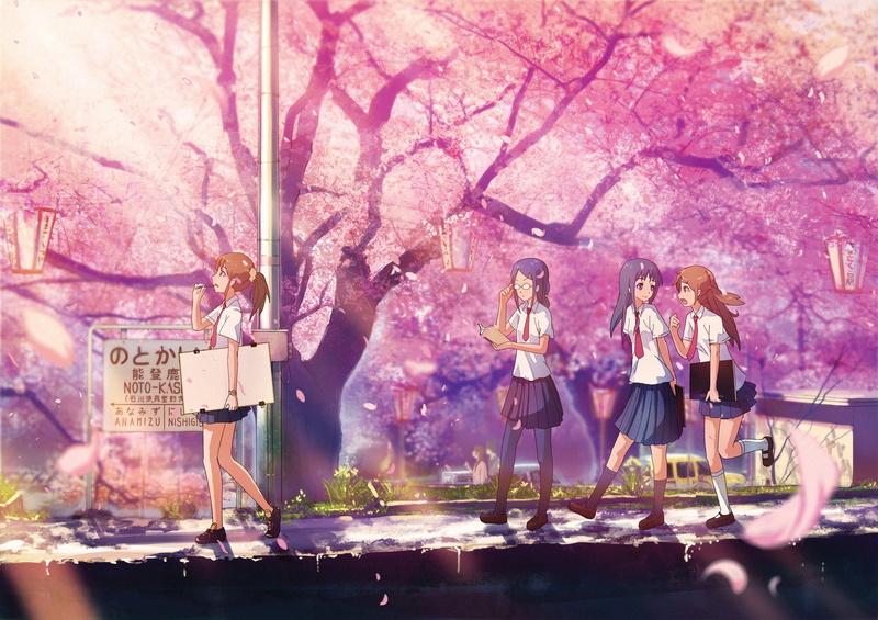 anime, noto, school, tree, sakura, 720P, light, girls, petals, kashima, friends, group, uniform, pink