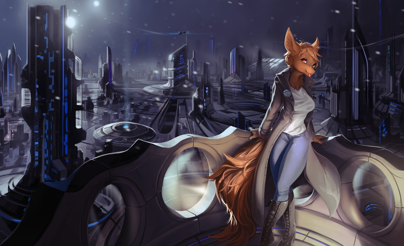 kitsunemimi, fox girl, furry, city lights, night, 4K, women, noir