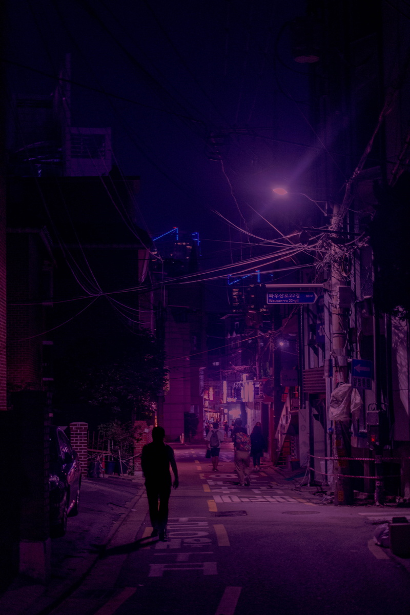 transportation, urban, city, street, walking, built structure, full length, night, 5K, one person, south korea, building, light, neon, nature, architecture
