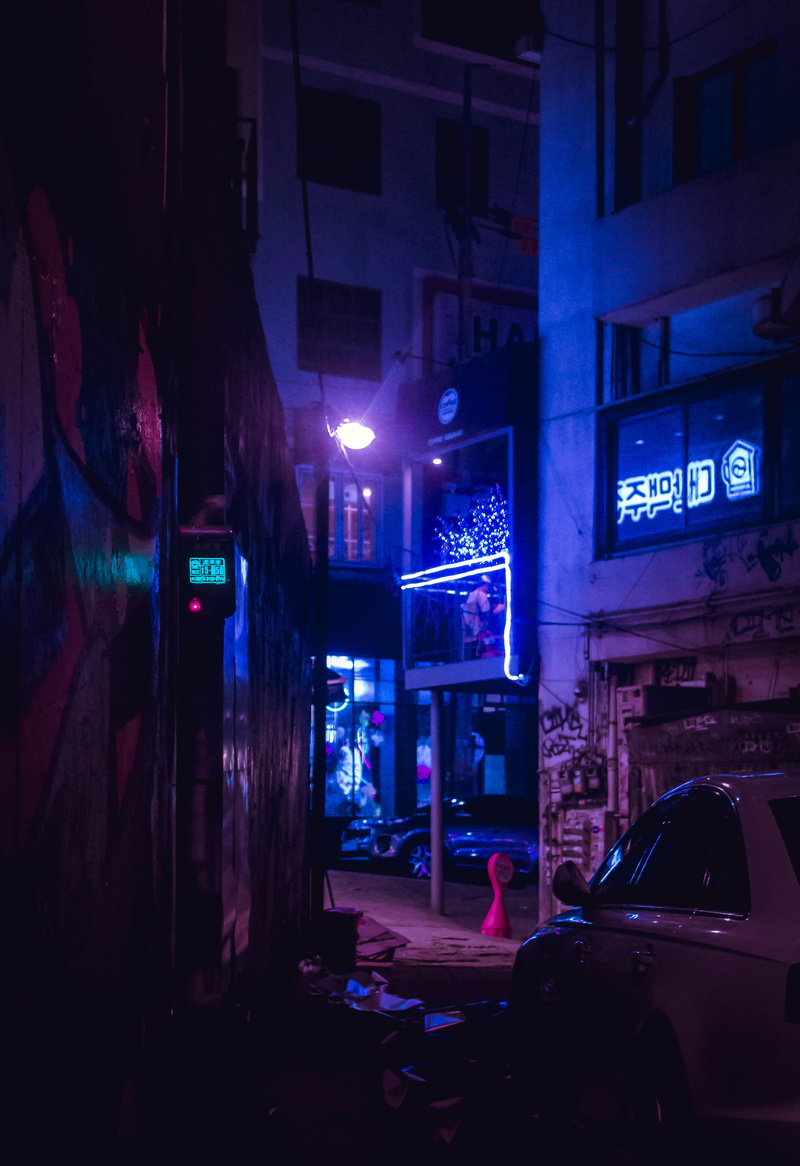 night, street, noir, cyberpunk, nightlife, residential district, seoul, building, sign, transportation, car, communication, mode of transportation, motor vehicle