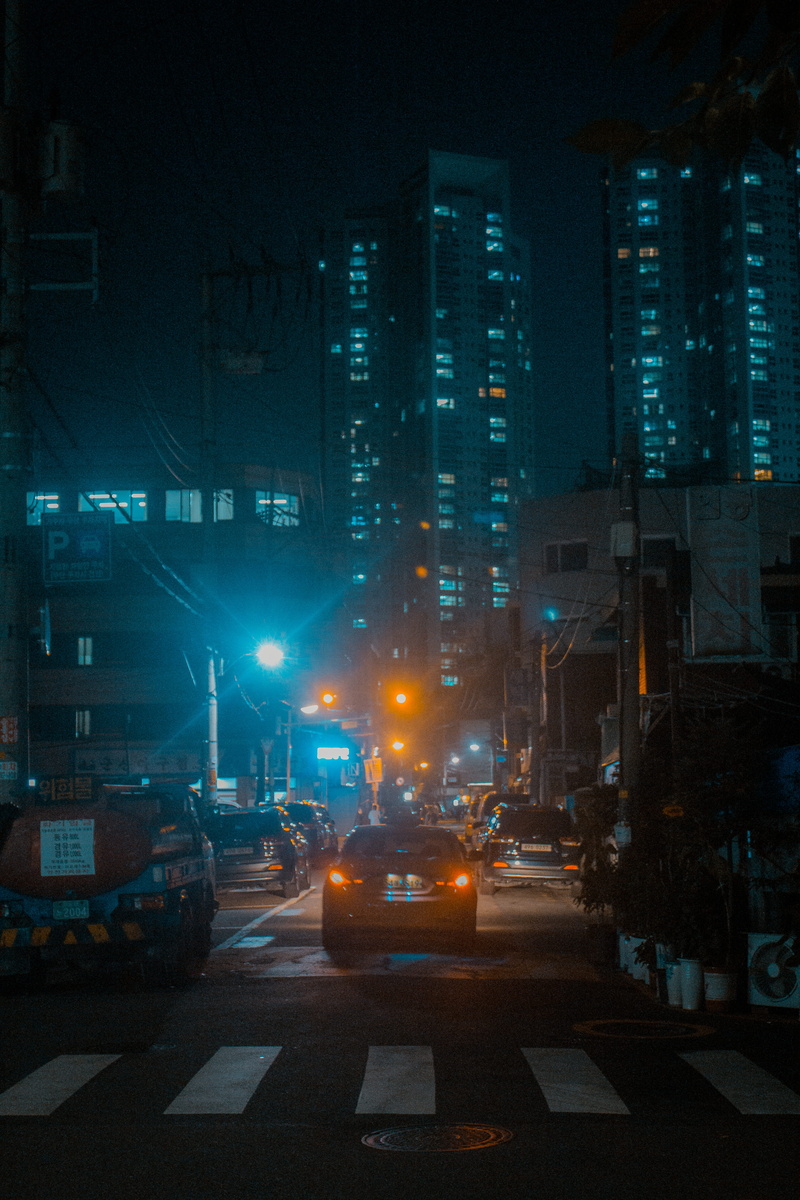 illuminated, office building exterior, lights, road, south korea, land vehicle, motor vehicle, korea, building, noir, transportation, neon, cityscape, lighting equipment