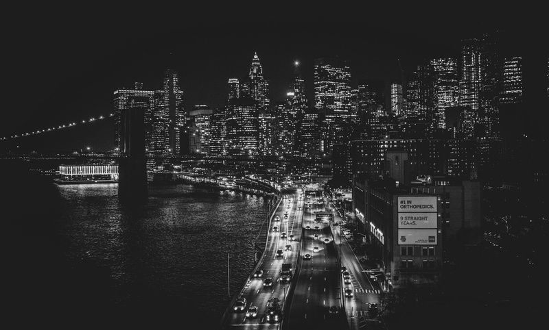 transportation, built structure, traffic, new york, bridge, photography, noir, financial district, cityscape, monochrome, illuminated, urban, skyline, architecture