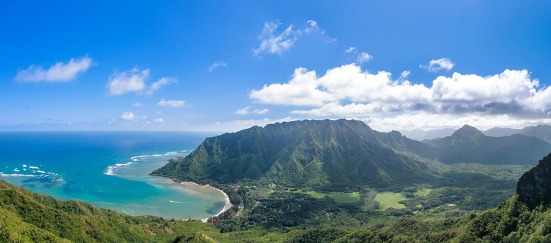 Valley, Sky, aerial photography, aerial, Panorama, Mountain  Ridge, Kahana Bay, summer, scenics, mountain, sea, beach, Clouds, outdoors, coastline, near