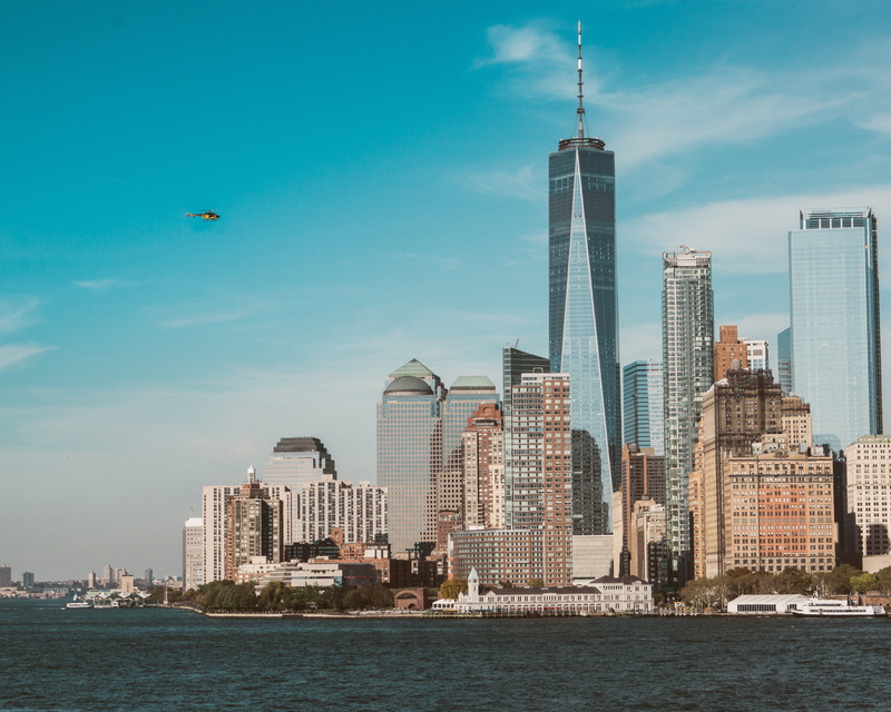 nyc skyline, no people, outdoors, helicopter, building, lower manhattan, financial district, water, nyc, travel destinations, urban, tall - high, office building exterior