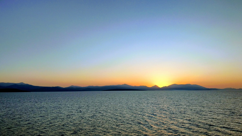 beauty in nature, tranquility, sunrise, nafplio, scenics - nature, water, greece, copy space, sunset, environment, sky, mountain, clear sky, mediterranean