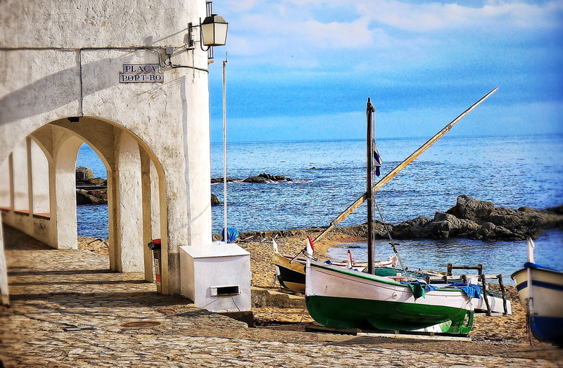 moored, sea, architecture, mode of transportation, 1080P, scenics - nature, beauty in nature, beach, sky, costa brava, arch, transportation, rowboat, barcelona