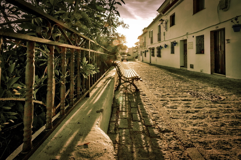 city, day, outdoors, built structure, tree, nature, sky, diminishing perspective, Sunset, Street, Pueblo, sunlight, architecture, no people, residential district