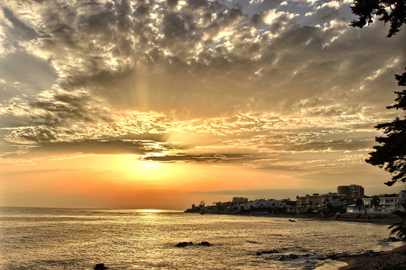 sunset, sky, outdoors, dramatic sky, sea, light, mijas, spain, village, idyllic, scenics - nature, beauty in nature, horizon over water, near, no people