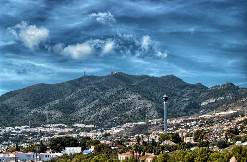 sky, white people, mountain range, cloud - sky, building exterior, tower, no people, benalmádena, plant, environment, built structure, nature, sierra, peak