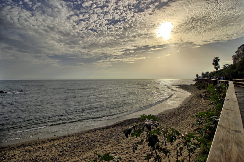 scenics - nature, spain, landscape, nature, Light, mijas, promenade, tranquility, Clouds, horizon, Beach, palm tree, sky, mediterranean, land, water, outdoors