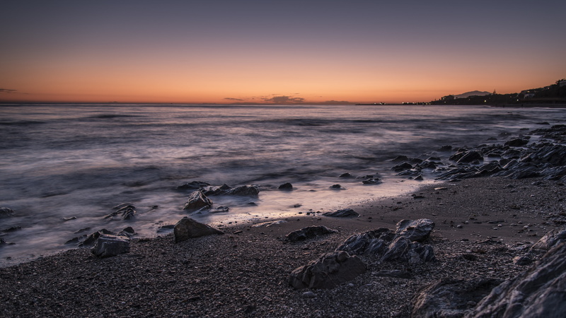 sunset, outdoors, tranquility, sky, peaceful, calahonda, wave, mijas, water, beauty in nature, horizon, costa del sol, beach, no people, land, long exposure