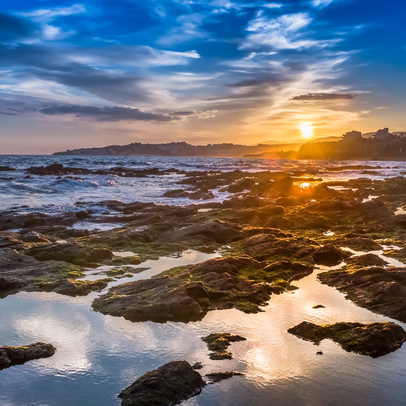 waves, rock, clouds, horizon over water, brown, beach, land, nature, andalusia, mijas, orange color, water, orange, spain, sea, no people, rocks, rock - object