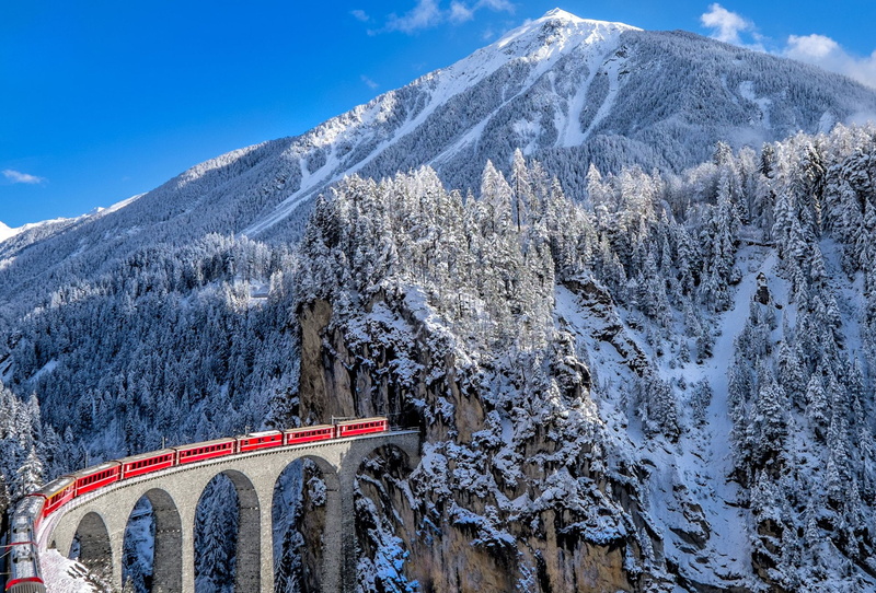 Train, Man Made, The Glacier Express, Winter, 1080P, Bridge