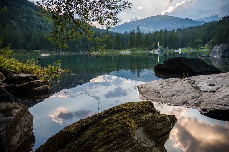 evening, alpine, nature, cloud - sky, panorama, formation, idyllic, tranquility, no people, clouds, water, rock, coniferous tree, forest, 4K, bergsee