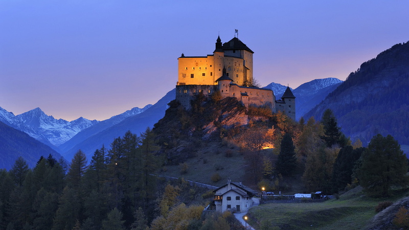 Tarasp Castle, sky, concrete, hill, tranquility, architecture, white, mountain, tourism, plant, travel destinations, castle, scenics - nature, history